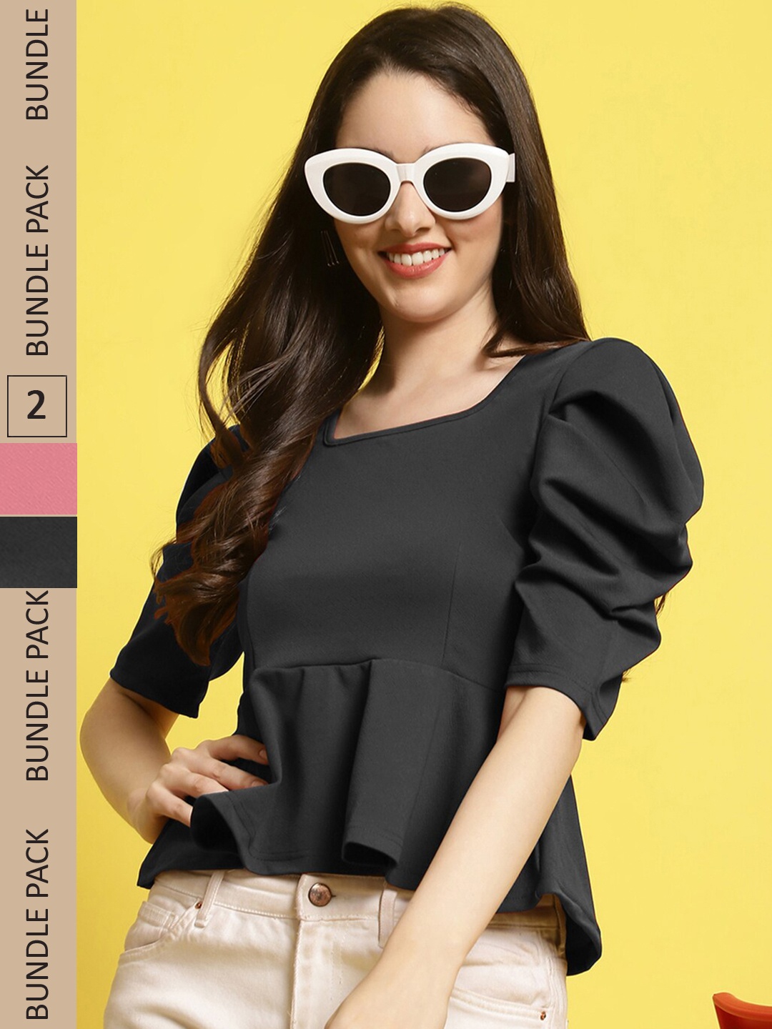

BAESD Pack Of 2 Square Neck Puff Sleeves Top, Black