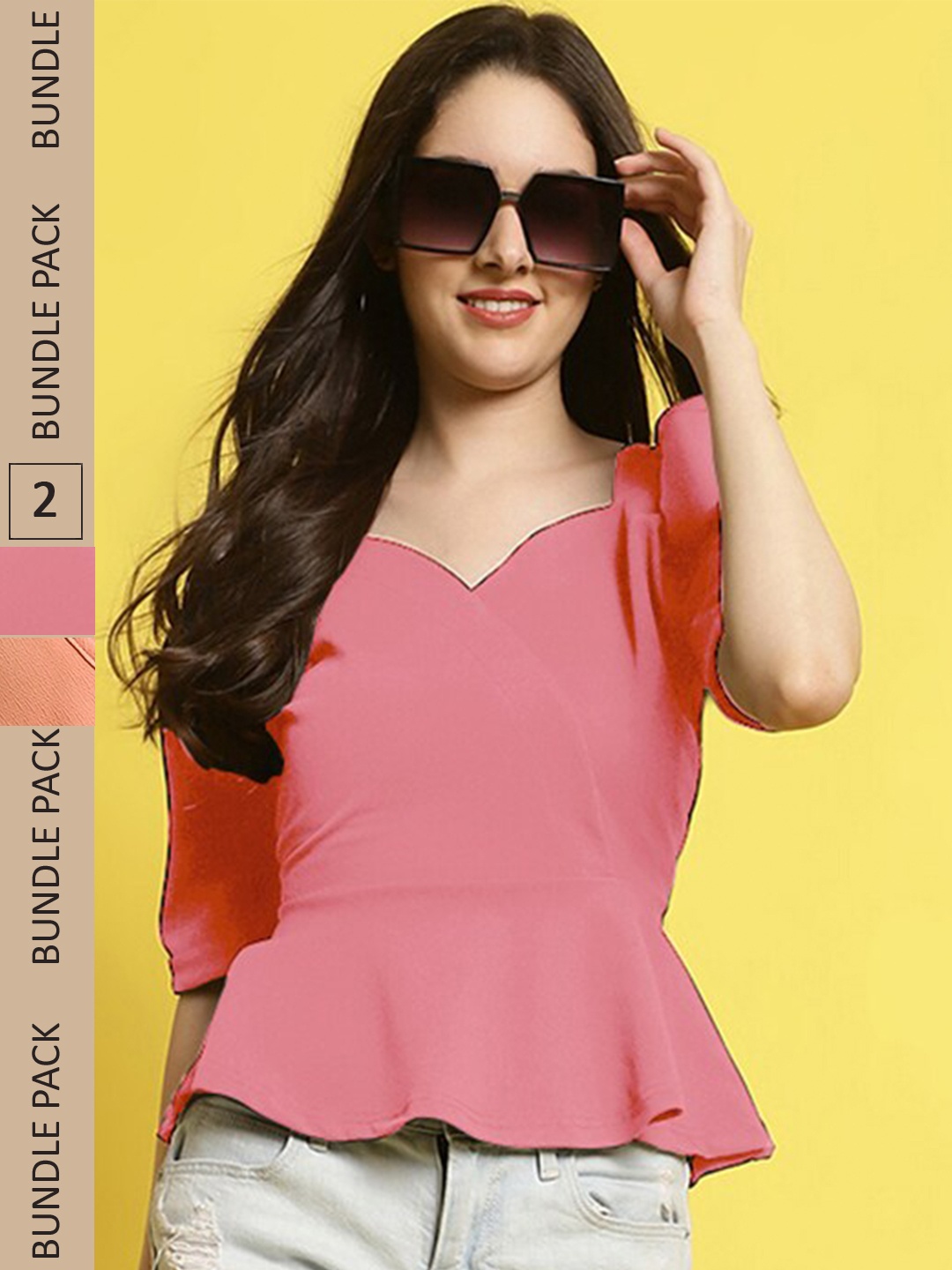 

BAESD Pack Of 2 Sweetheart Neck Puff Sleeves Peplum Top, Pink