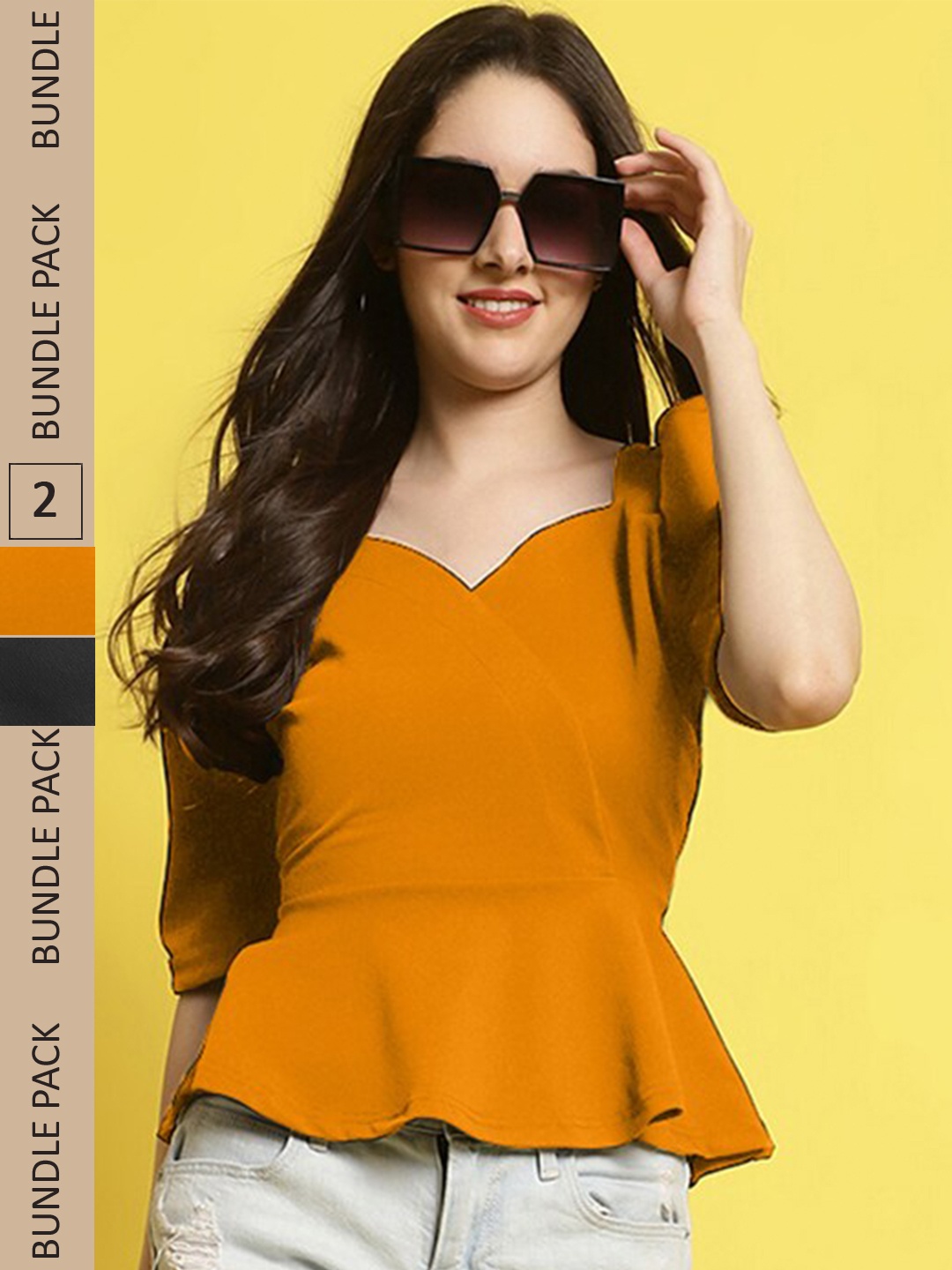 

BAESD Pack Of 2 Sweetheart Neck Puff Sleeves Peplum Top, Mustard