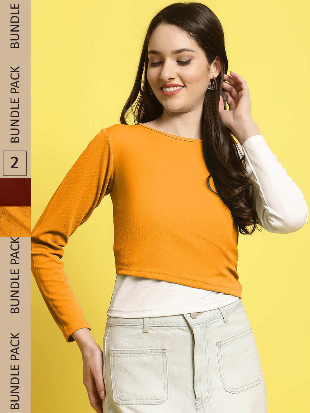 

BAESD Pack of 2 Round Neck Regular Tops, Mustard