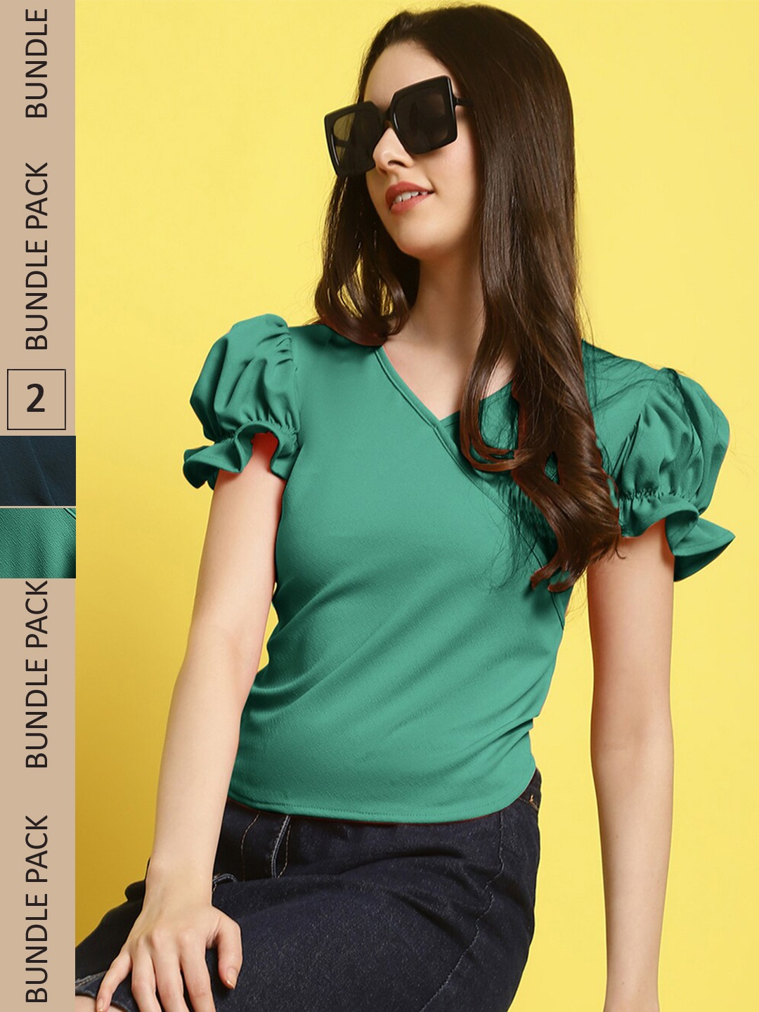 

BAESD Pack of 2 V-Neck Peplum Top, Green