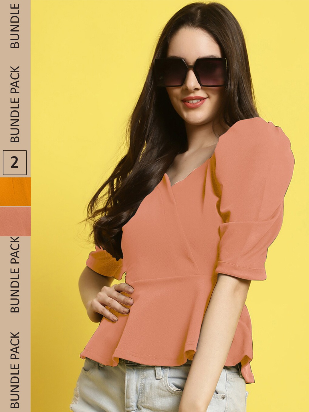 

BAESD Pack Of 2 Puff Sleeves V Neck Peplum Tops, Peach