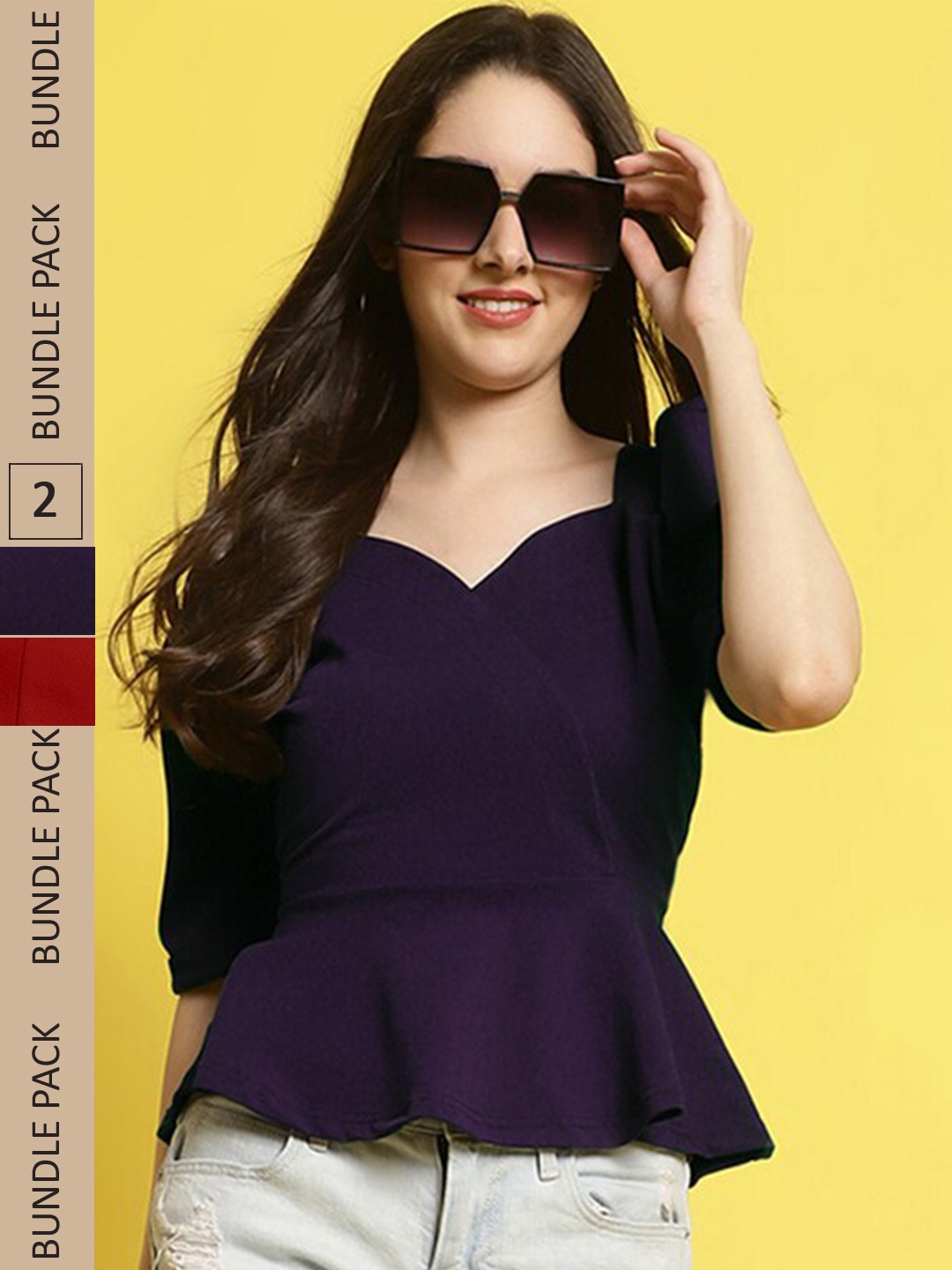 

BAESD Pack Of 2 Puff Sleeves Peplum Tops, Purple
