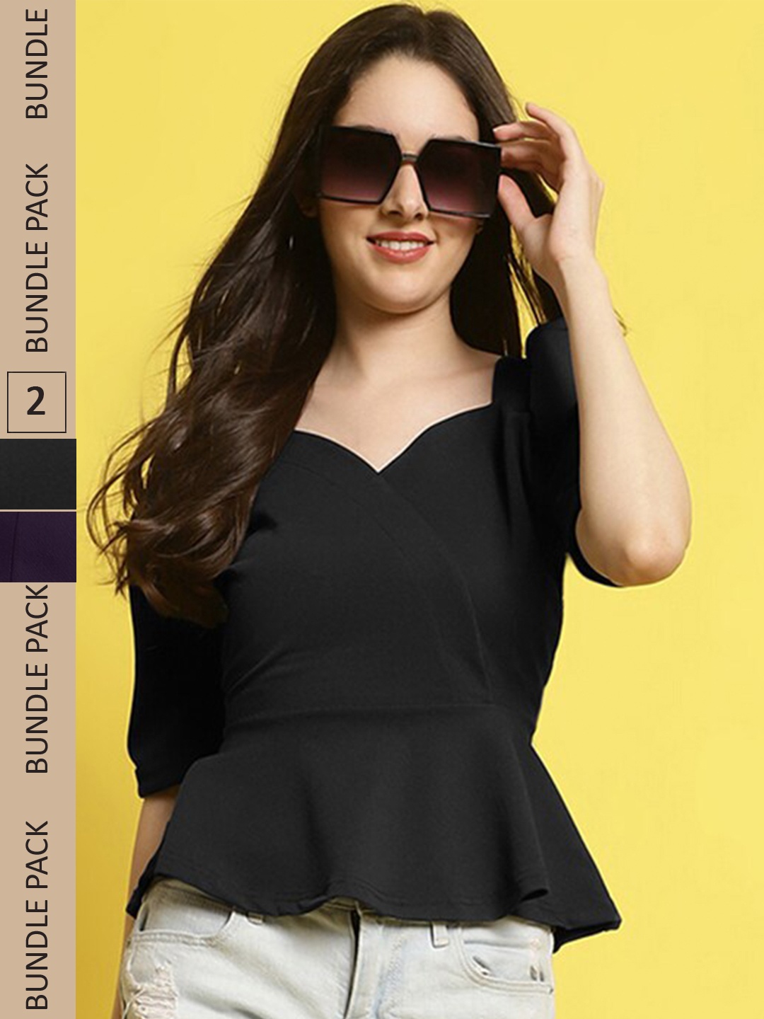 

BAESD Pack Of 2 Puff Sleeves Peplum Tops, Black