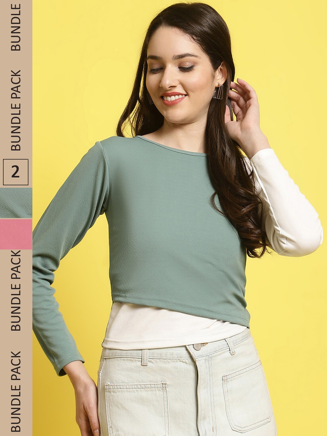 

BAESD Pack Of 2 High Neck Puff Sleeves Regular Top, Green