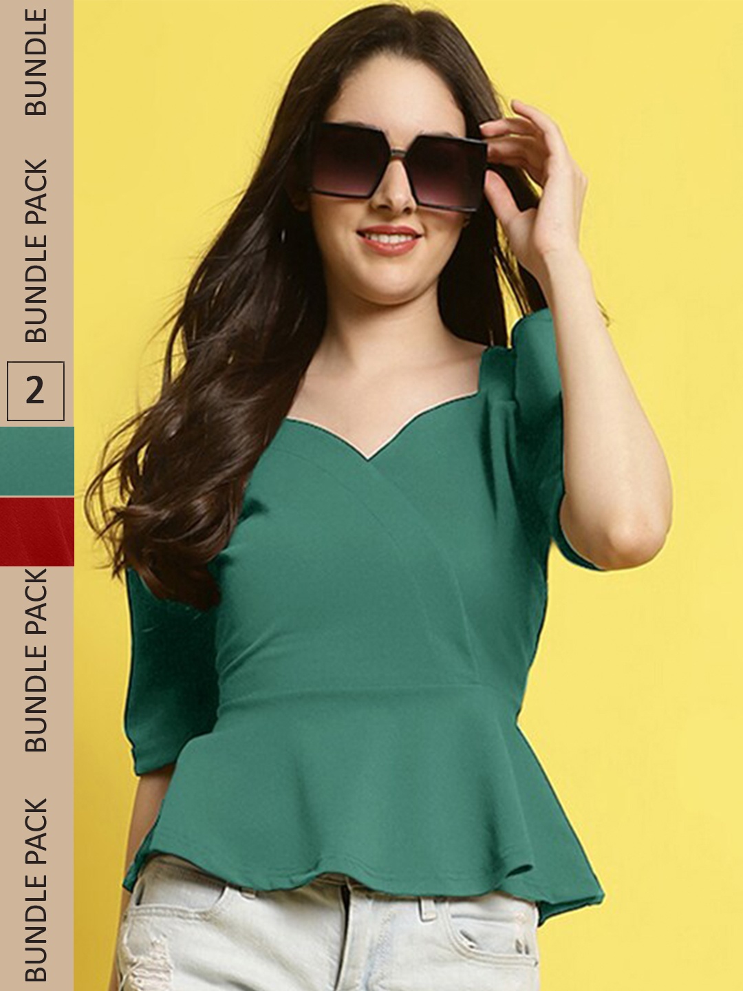 

BAESD Pack Of 2 Puff Sleeves V-Neck Peplum Tops, Green