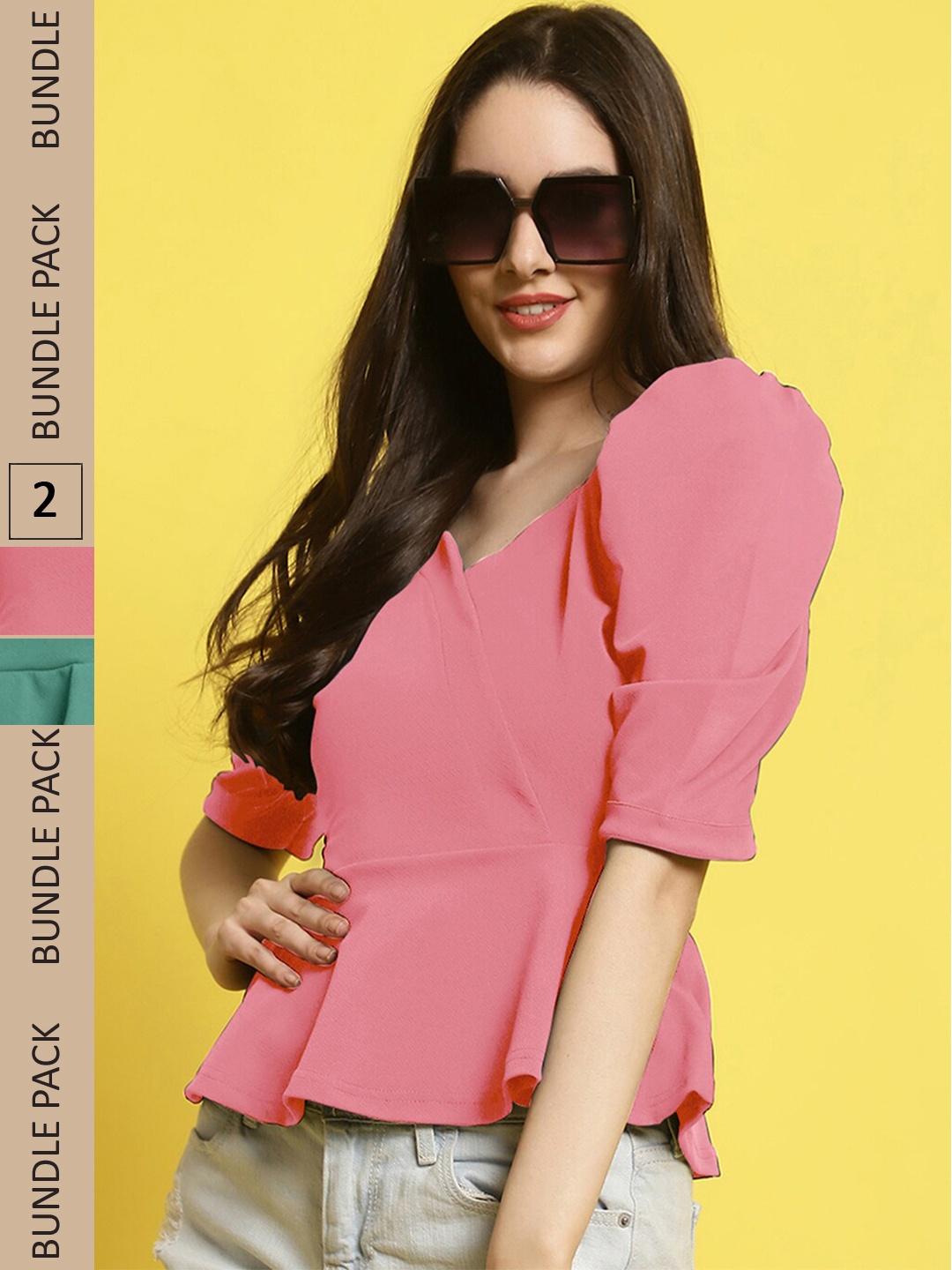 

BAESD Pack Of 2 Sweetheart Neck Puff Sleeves Peplum Top, Pink