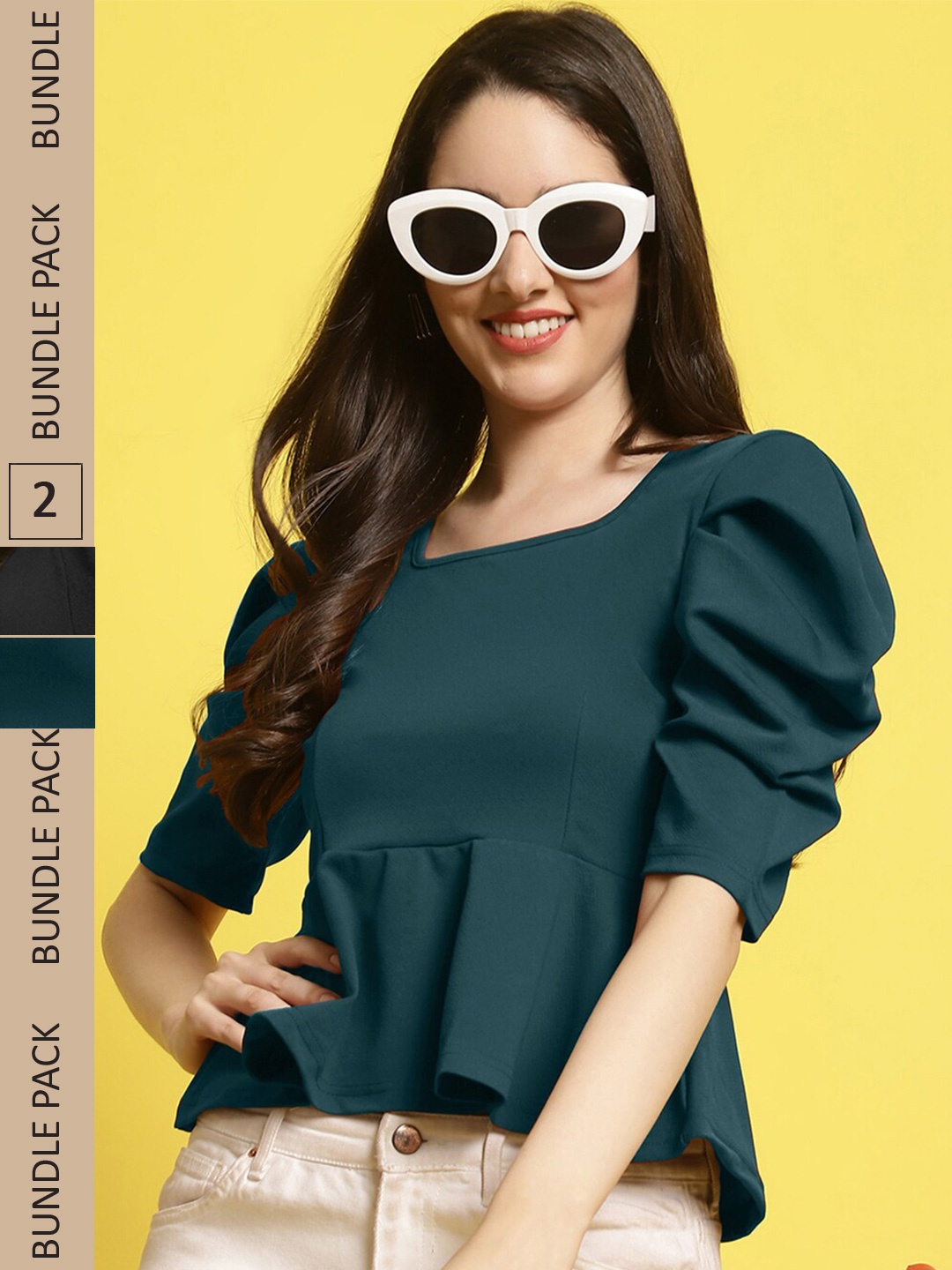 

BAESD Pack Of 2 Puff Sleeves Peplum Top, Green