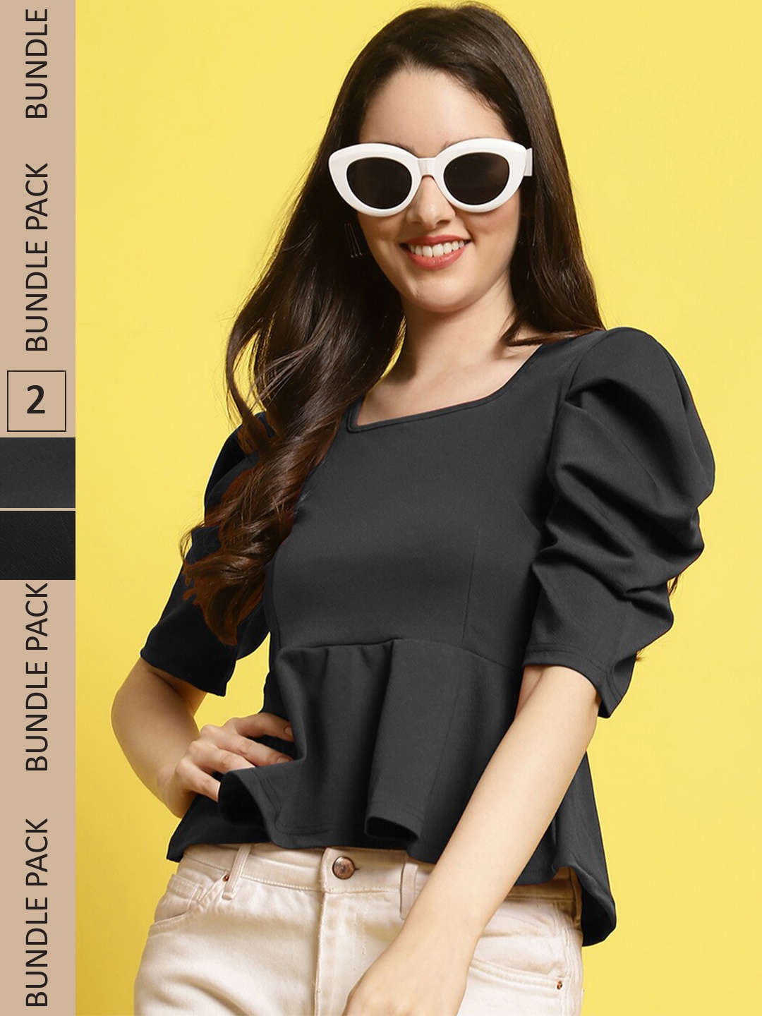 

BAESD pack Of 2 Round neck Puff Sleeves Peplum Top, Olive