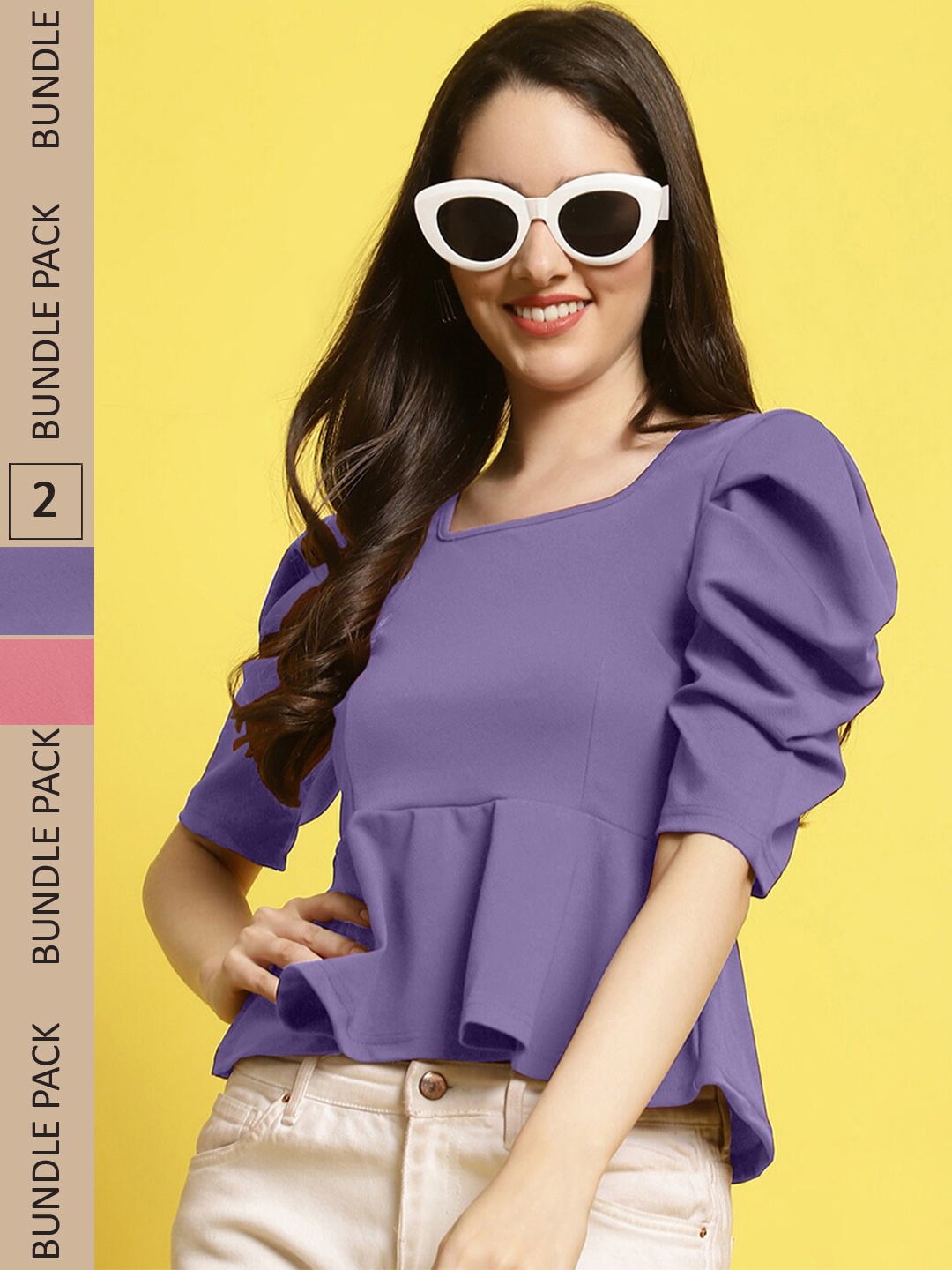 

BAESD Pack of 2 Puff Sleeves Peplum Top, Purple
