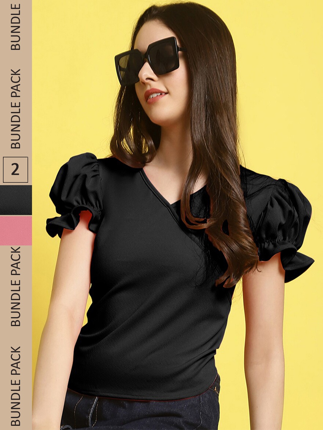 

BAESD Pack Of 2 Puff Sleeves Regular Tops, Black