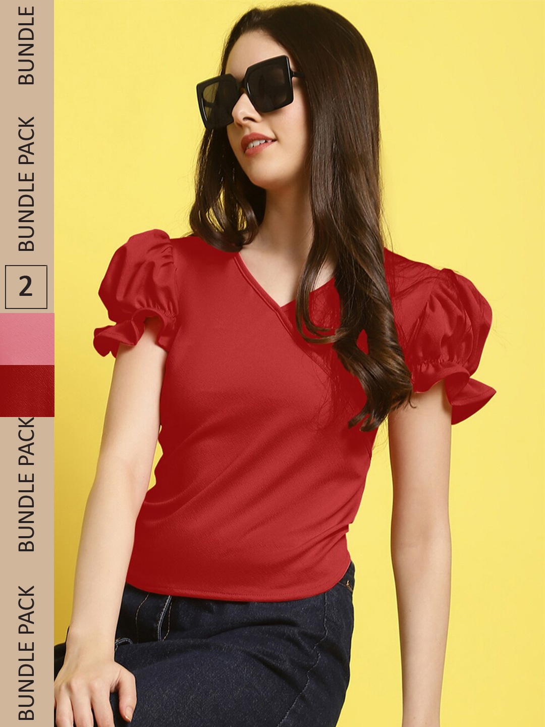 

BAESD Pack Of 2 Puff Sleeves Peplum Tops, Red