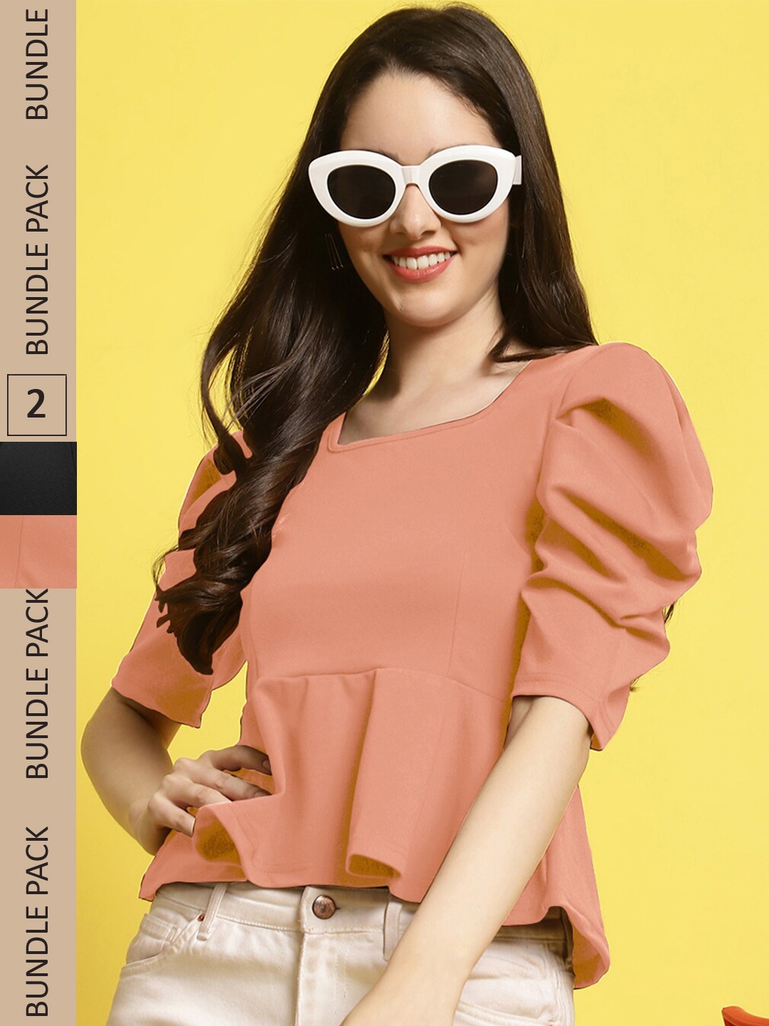 

BAESD Pack Of 2 Puff Sleeves Peplum Tops, Peach