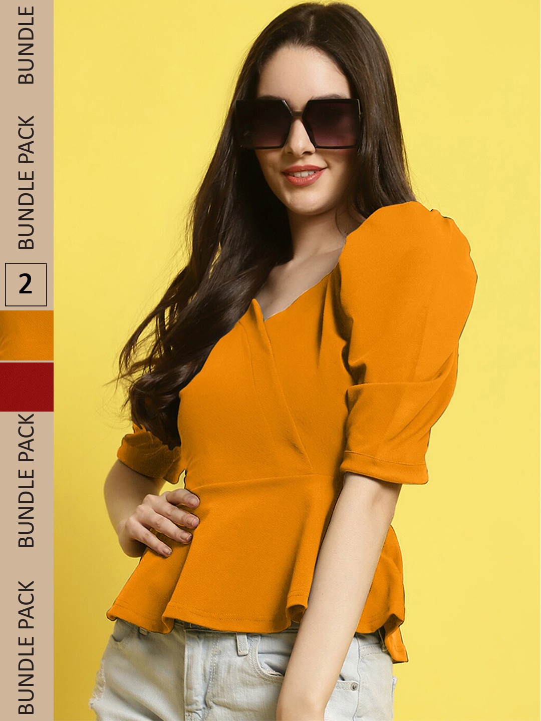 

BAESD Pack Of 2 Sweetheart Neck Puff Sleeves Peplum Top, Mustard