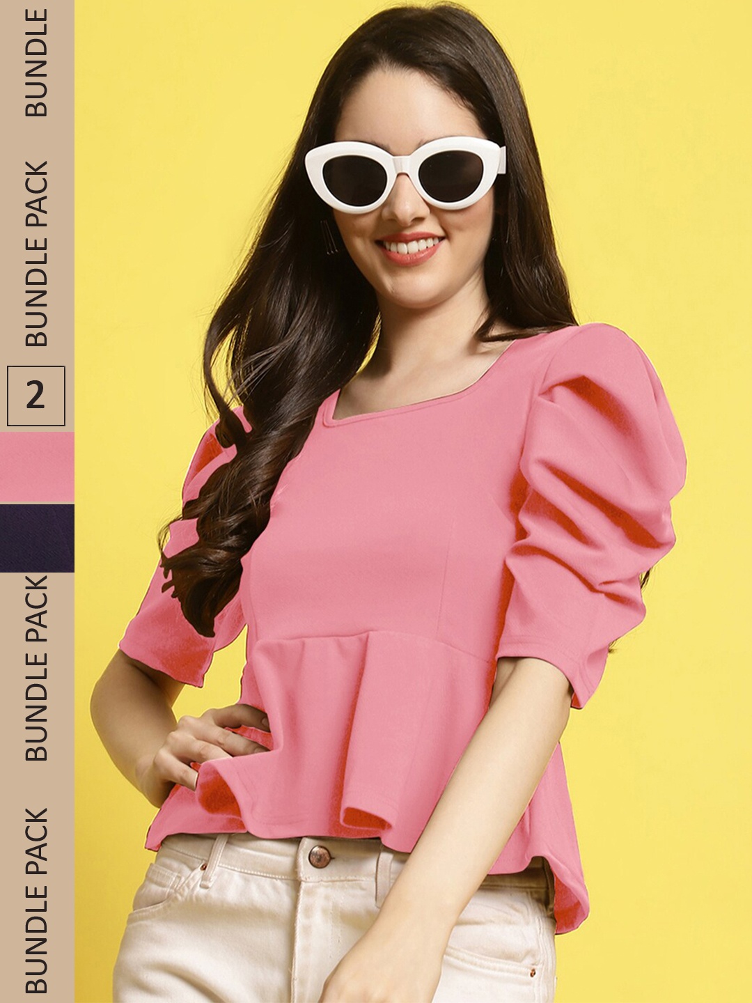 

BAESD Pack Of 2 Puff Sleeve Peplum Top, Pink