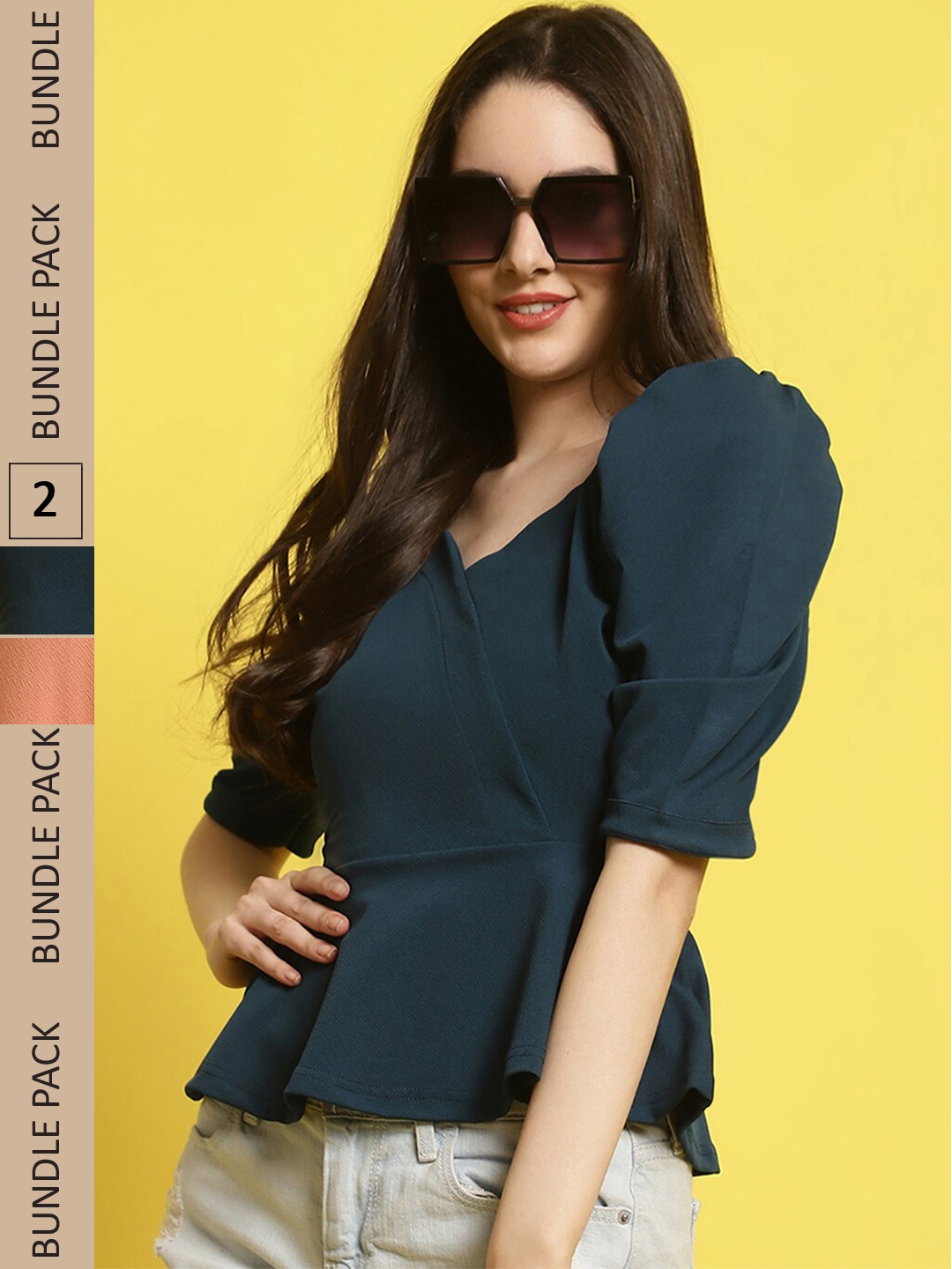 

BAESD Pack Of 2 V- Neck Puff Sleeves Peplum Tops, Navy blue