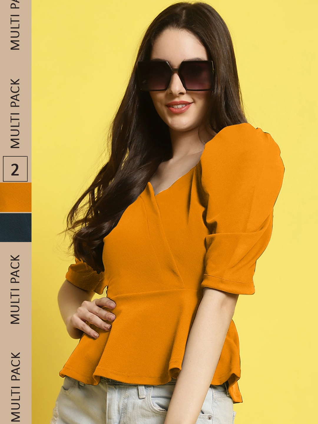 

BAESD Pack Of 2 Puff Sleeves V Neck Peplum Tops, Mustard