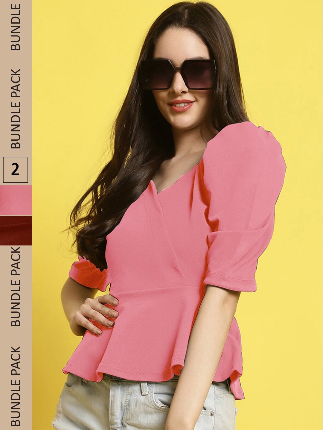 

BAESD Pack Of 2 Puff Sleeves V-Neck Peplum Tops, Pink