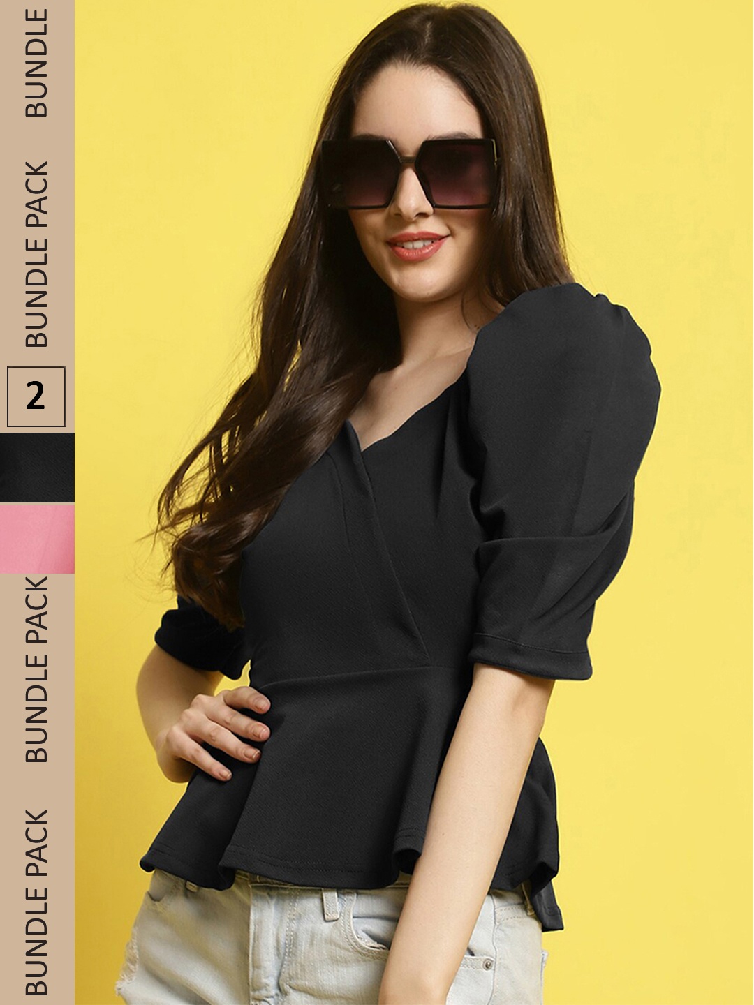 

BAESD Pack Of 2 Sweetheart Neck Puff Sleeves Peplum Top, Black