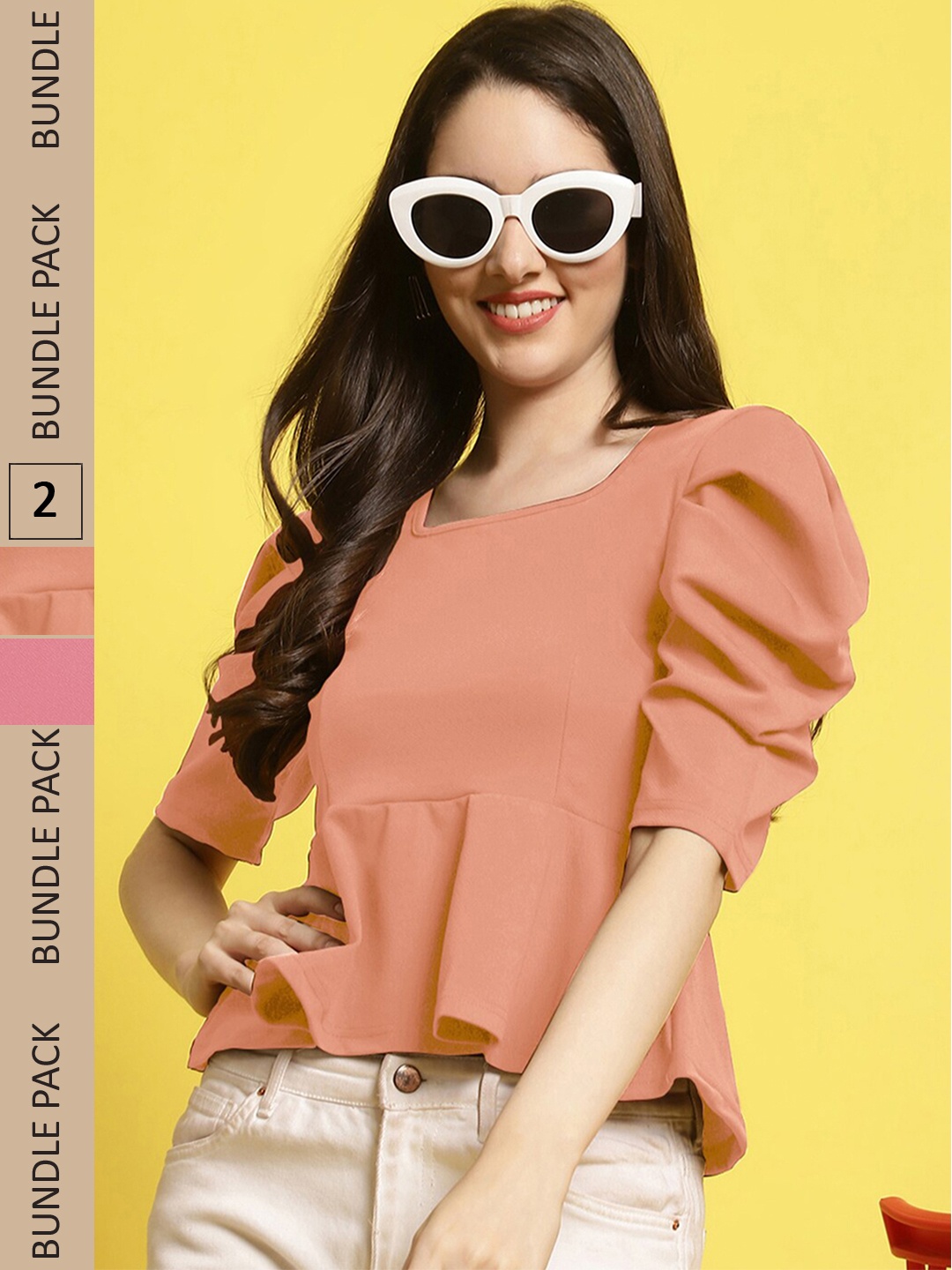 

BAESD Pack Of 2 Puff Sleeves Peplum Top, Peach