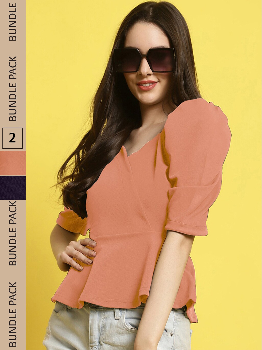

BAESD Pack Of 2 Sweetheart Neck Puff Sleeves Peplum Top, Peach