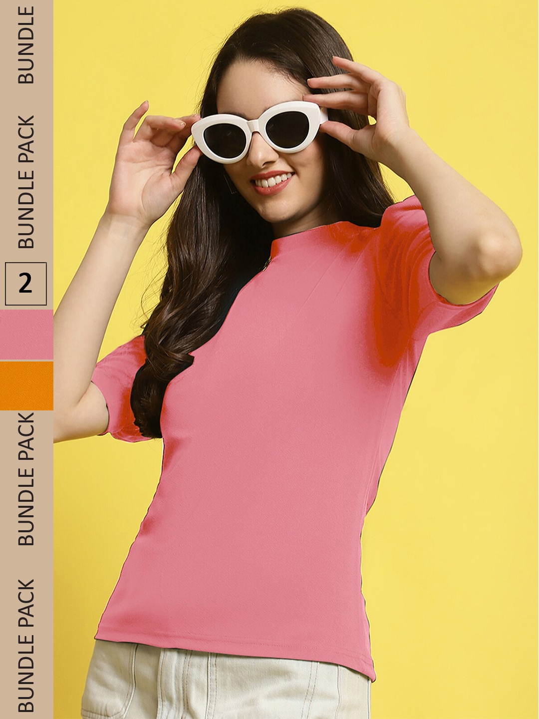 

BAESD Pack Of 2 High Neck Puff Sleeves Regular Top, Pink