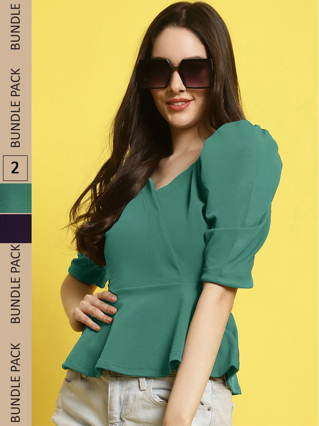 

BAESD Pack Of 2 Puff Sleeves Peplum Top, Green