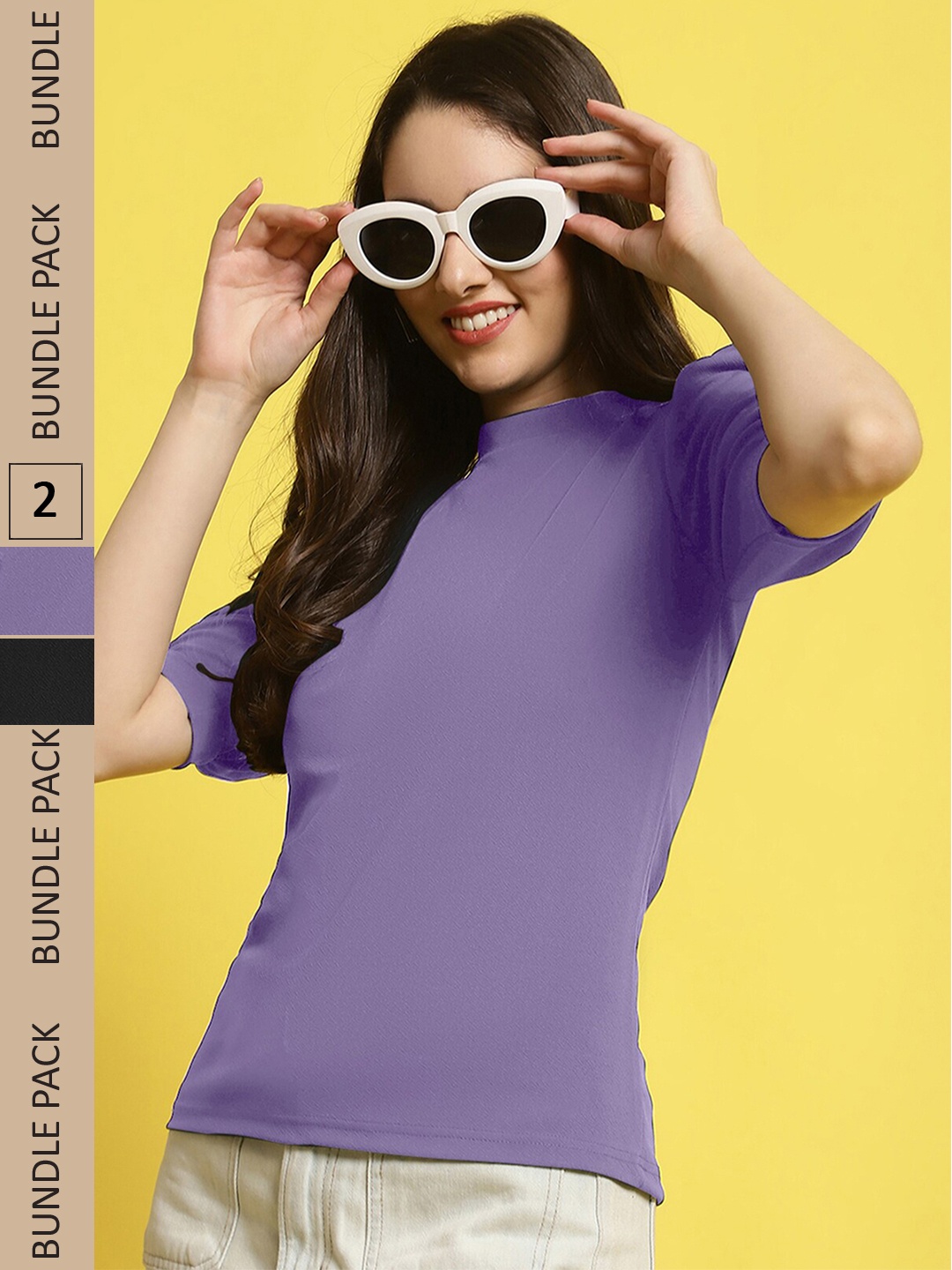 

BAESD Pack Of 2 Puff Sleeves High Neck Tops, Purple