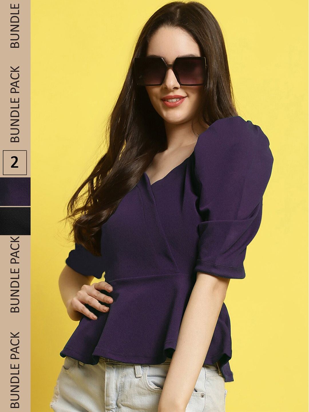 

BAESD Pack Of 2 Puff Sleeves Peplum Top, Purple