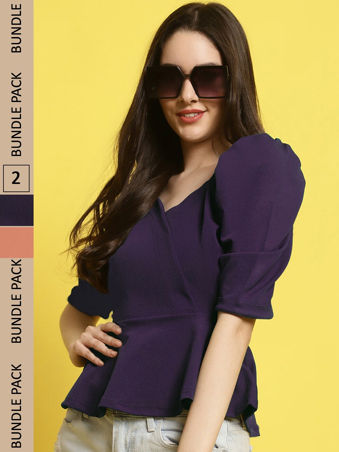

BAESD Pack Of 2 Puff Sleeves Peplum Tops, Purple