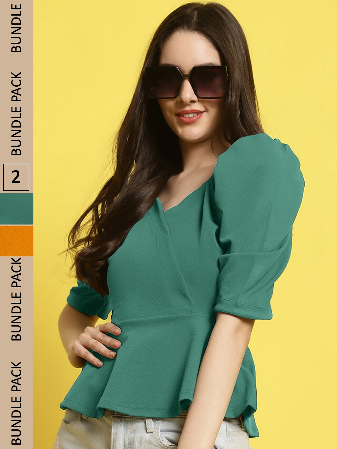 

BAESD Pack Of 2 Sweetheart Neck Puff Sleeves Peplum Top, Green