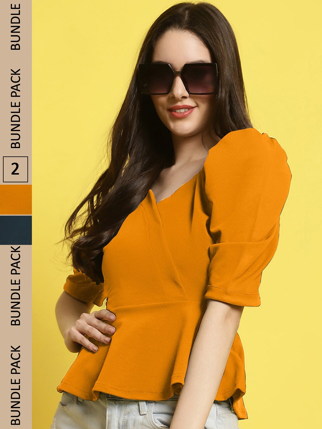 

BAESD Pack of 2 Sweetheart Neck Puff Sleeves Peplum Tops, Mustard