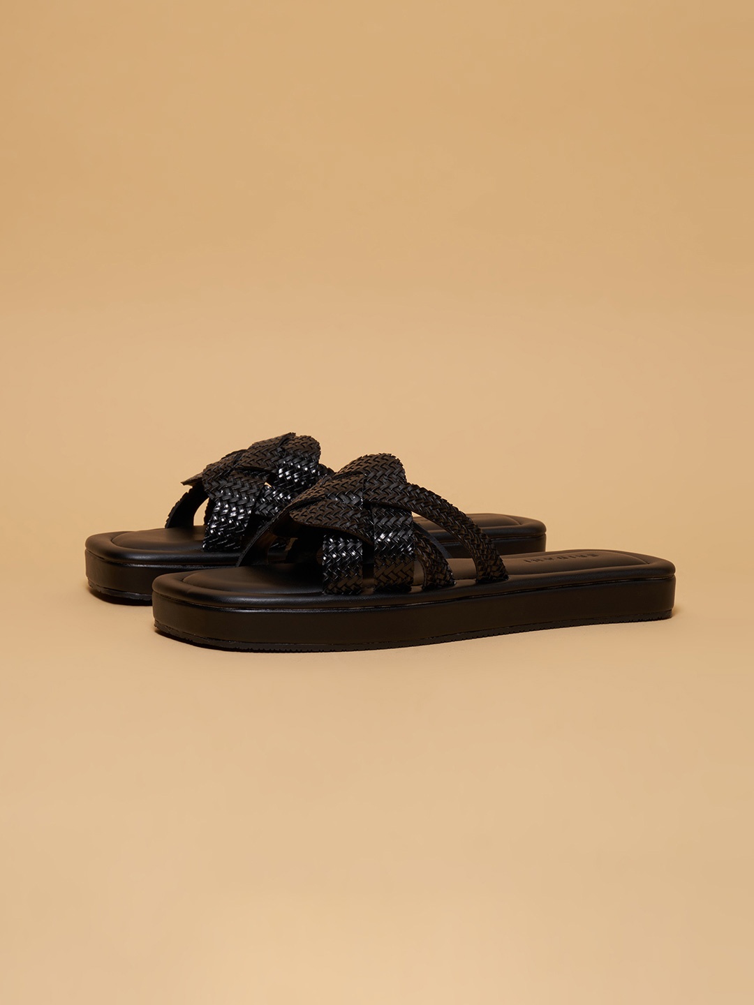 

ERIDANI Textured Slip-On Open Toe Flats, Black