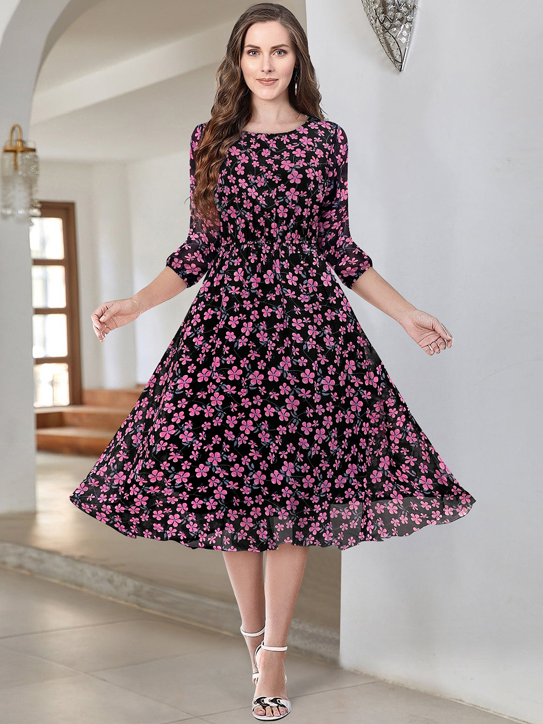 

BAESD Floral Printed Georgette Fit & Flare Midi Dress, Black