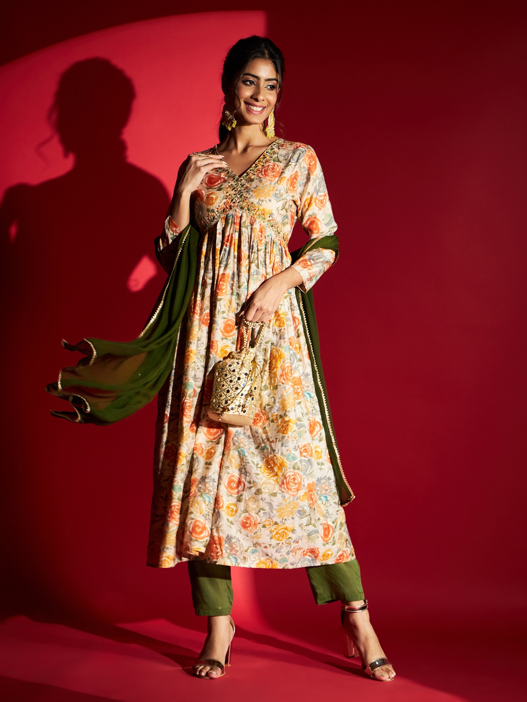 

Navlik Floral Printed Empire Chanderi Silk Anarkali Kurta & Trousers With Dupatta, Orange