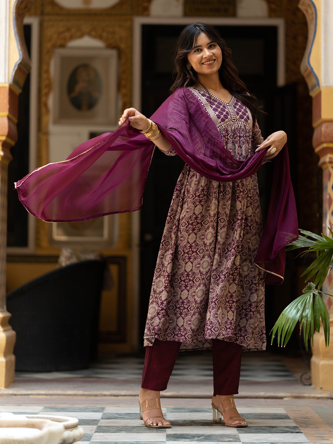 

Navlik Ethnic Motifs Printed Thread Work Kurta With Trousers & Dupatta, Purple