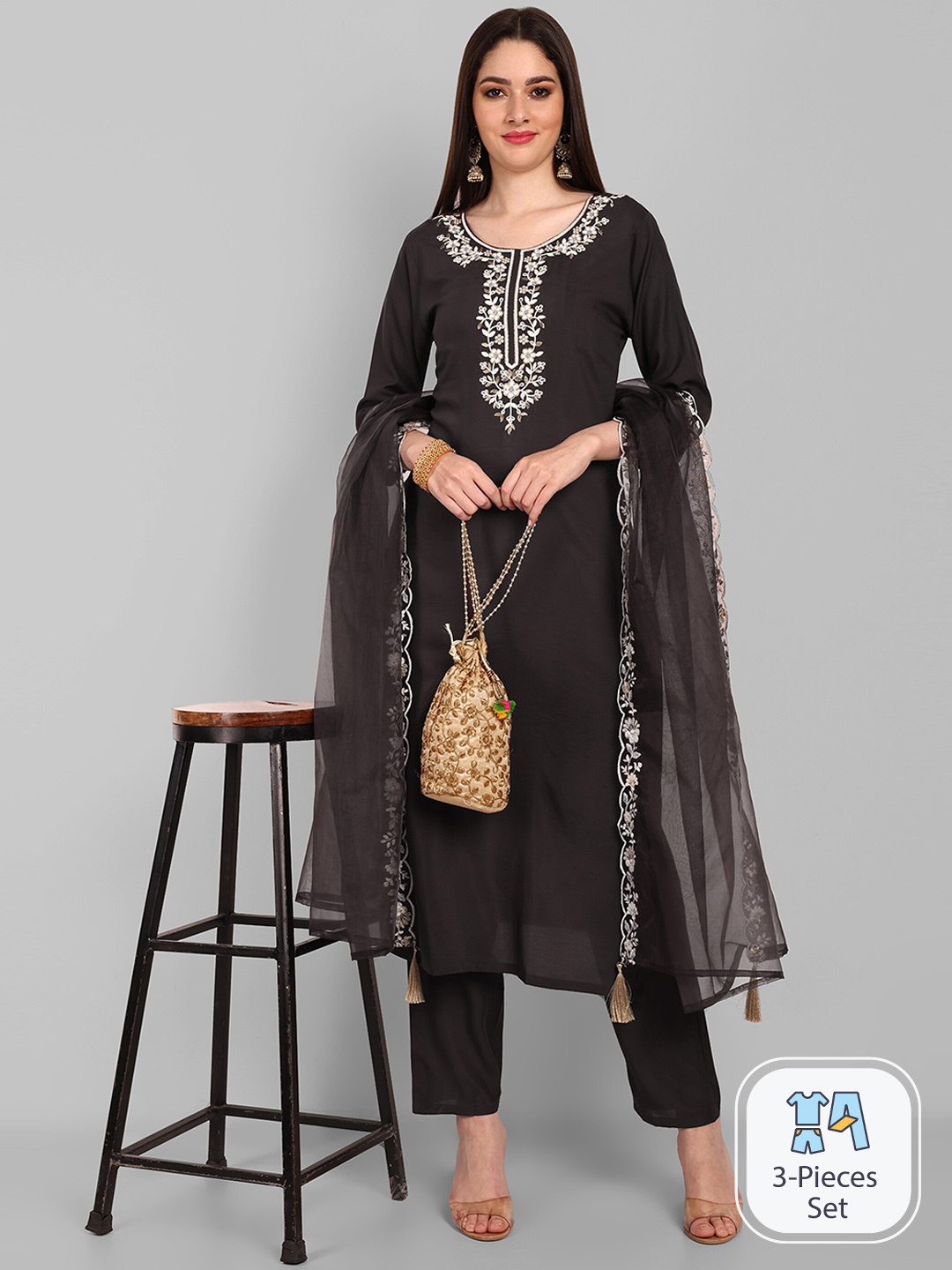 

Navlik Ethnic Motifs Embroidered Kurta With Trousers & Dupatta, Grey