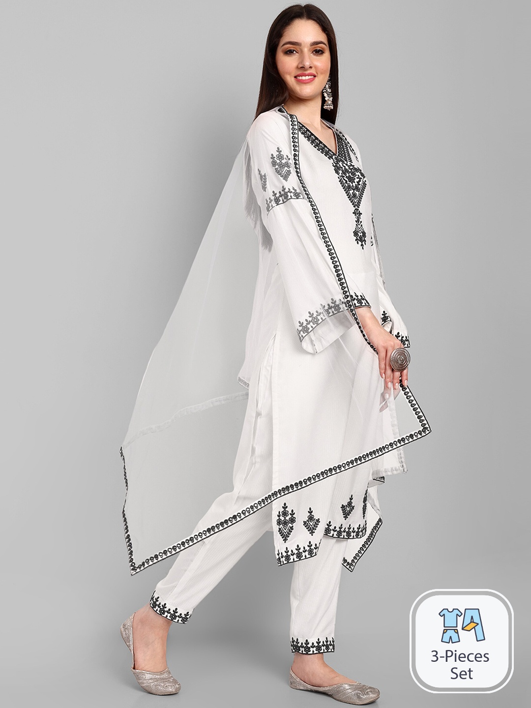 

Navlik Ethnic Motifs Embroidered Mirror Work Kurta With Trousers & Dupatta, White