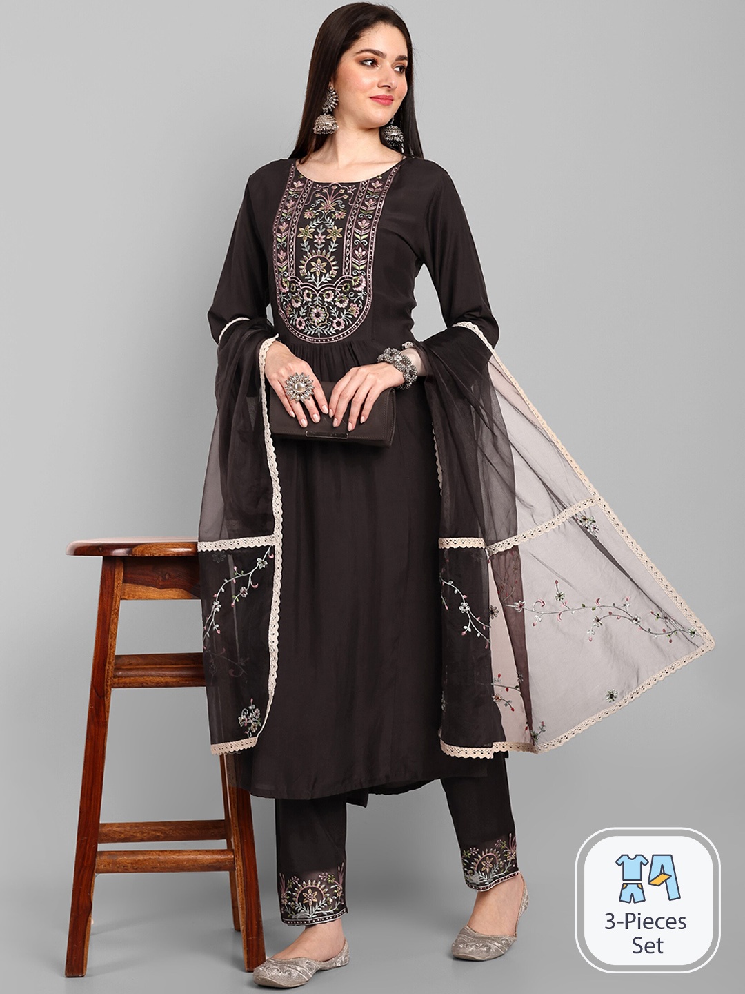 

Navlik Ethnic Motifs Embroidered Kurta With Trousers & Dupatta, Black