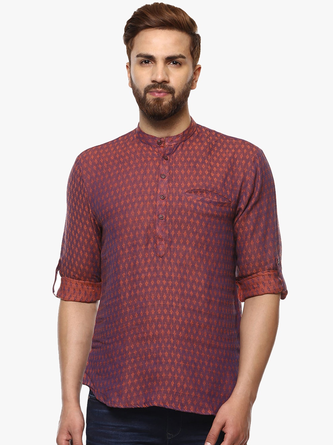 

Salwar Studio Men's Cotton Self Textured Purple & Brown Colour Roll-Up Short Kurta