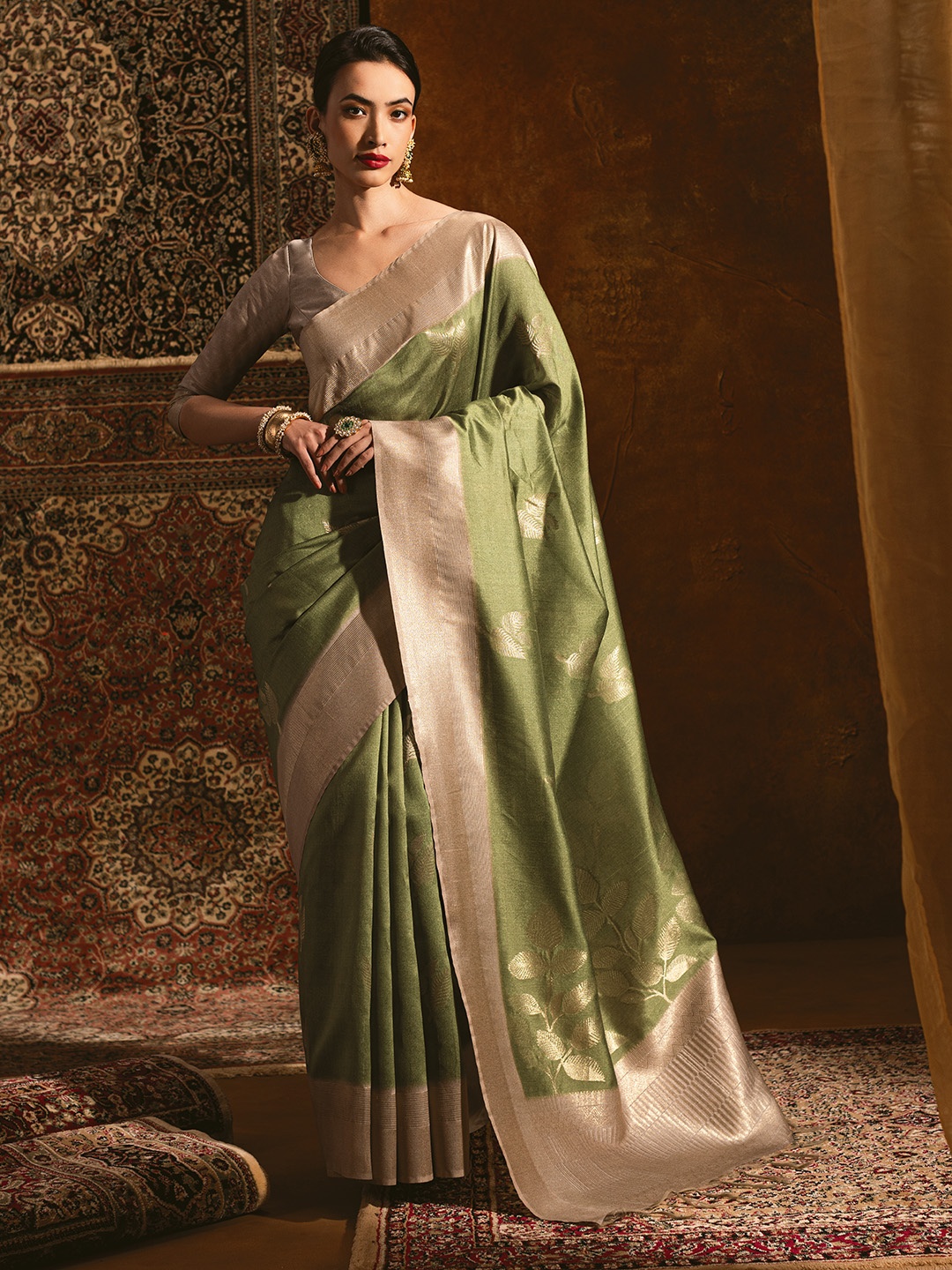 

Soch Floral Woven Design Zari Tussar Saree, Green