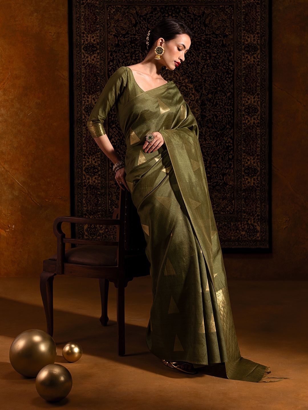 

Soch Olive Green & Gold Woven Design Zari Tussar Saree