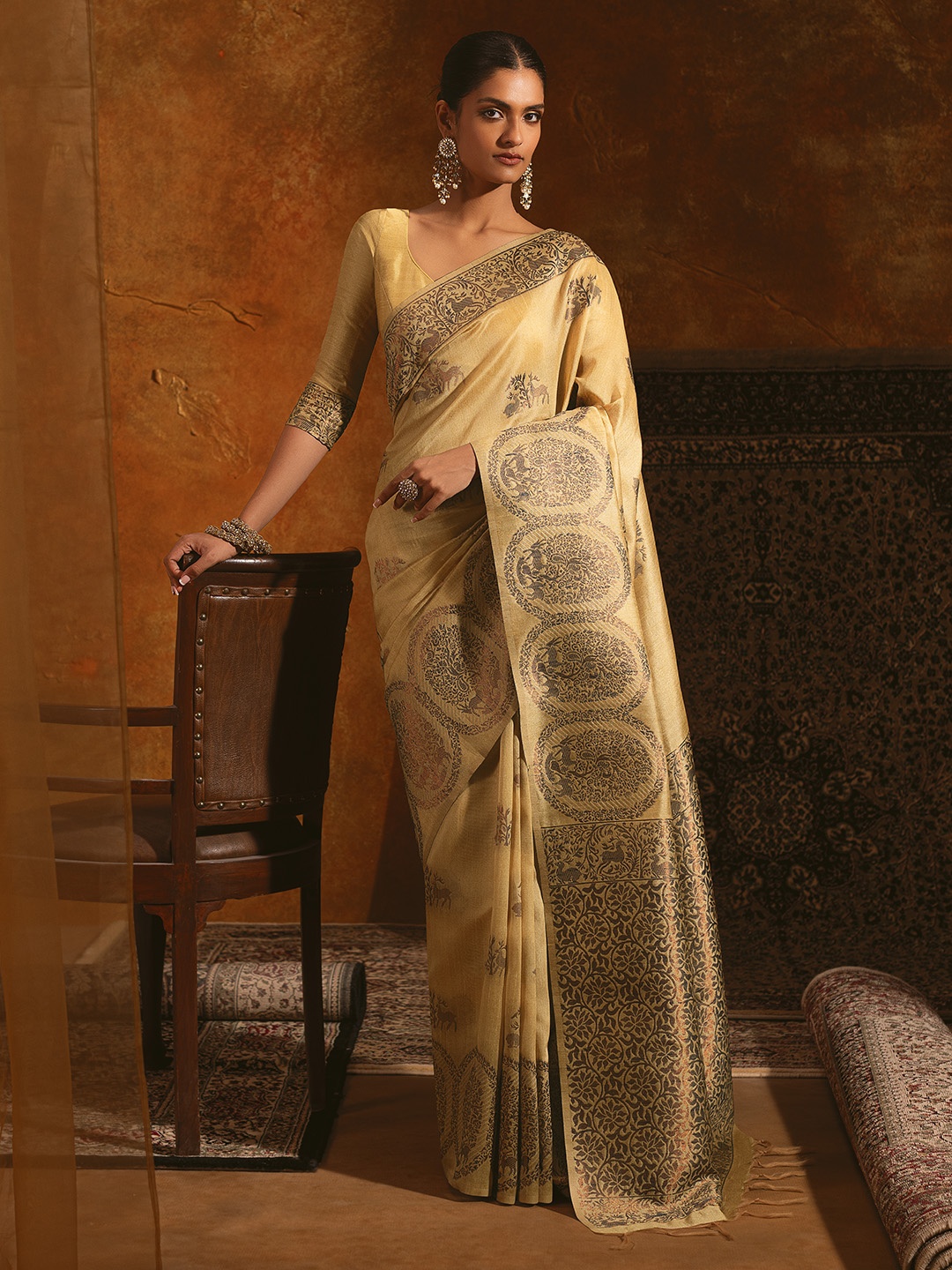 

Soch Gold-Toned & Brown Woven Design Tussar Saree