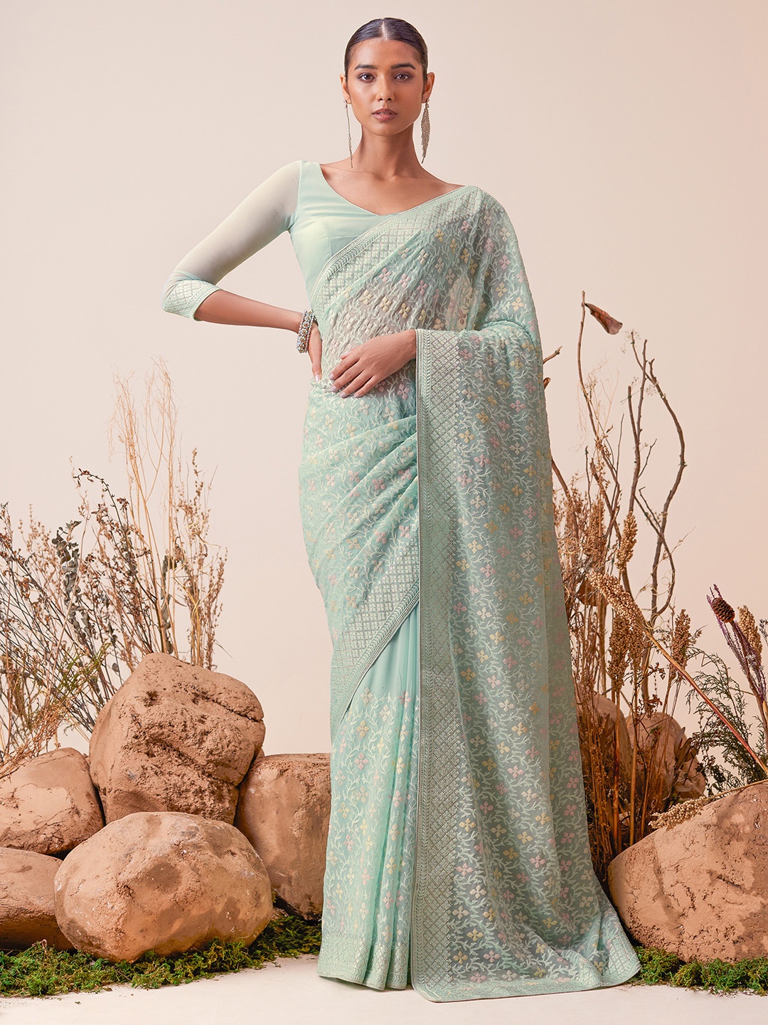 

Soch Blue & Pink Ethnic Motifs Embroidered Saree