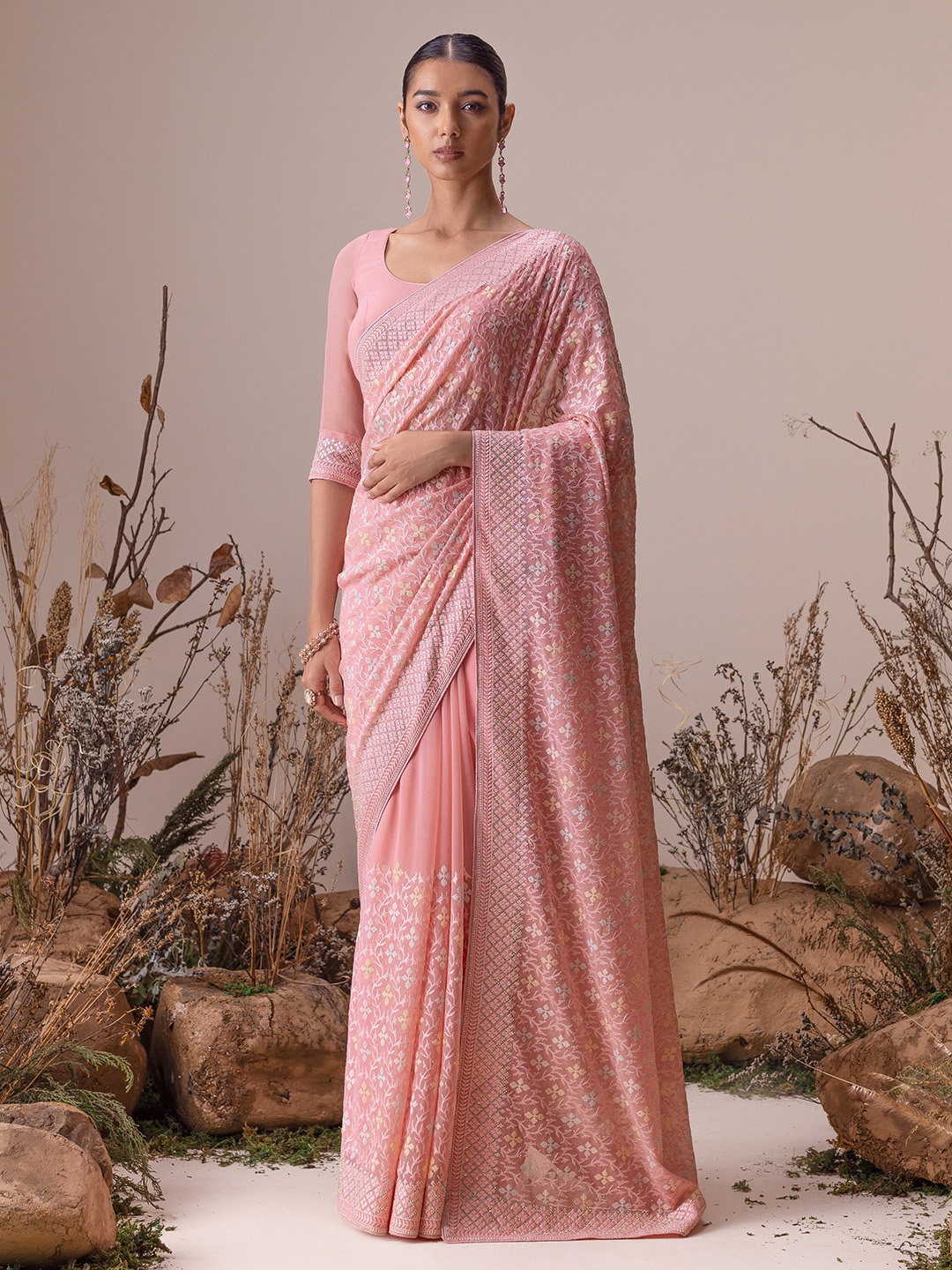 

Soch Coral & Yellow Ethnic Motifs Embroidered Saree