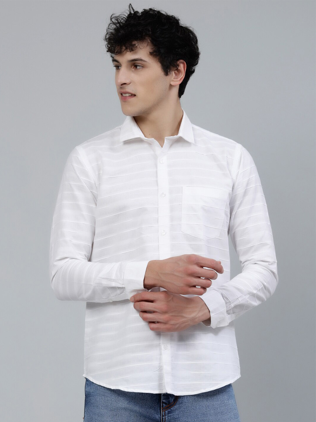 

JADEBERRY Standard Horizontal Stripes Cotton Casual Shirt, White