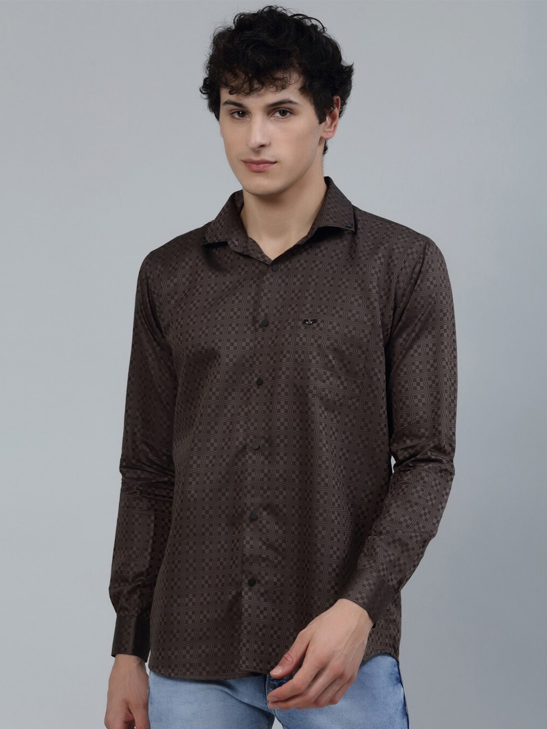 

JADEBERRY Standard Micro Ditsy Printed Opaque Cotton Casual Shirt, Brown