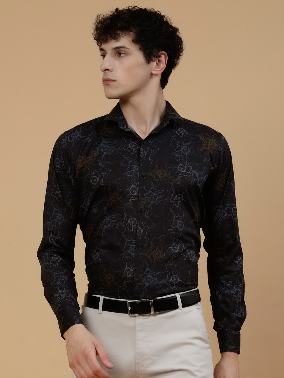 

JADEBERRY Standard Floral Printed Spread Collar Cotton Formal Shirt, Black