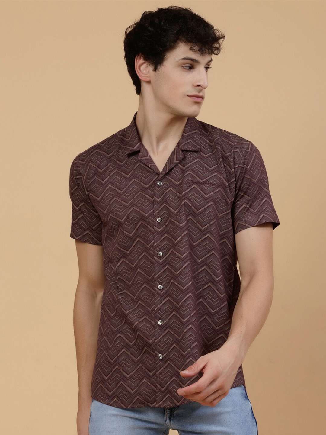 

JADEBERRY Standard Ethnic Motifs Printed Club Collar Cotton Casual Shirt, Maroon