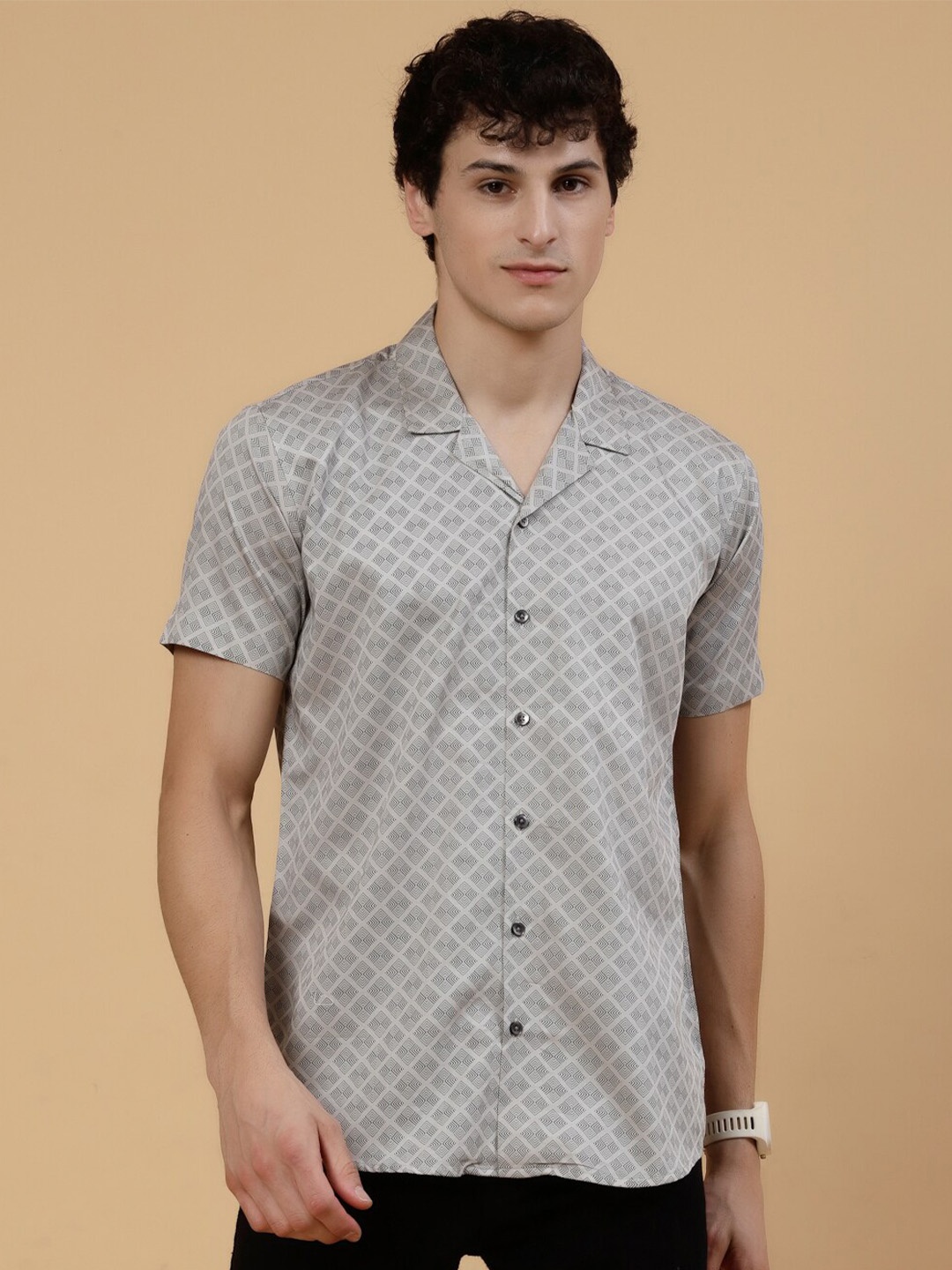 

JADEBERRY Standard Geometric Printed Club Collar Cotton Casual Shirt, Cream